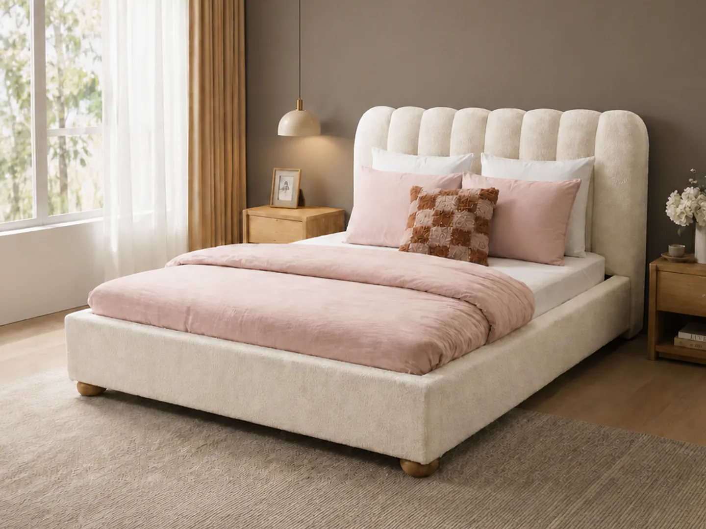 Carter upholstered bed in a neutral bedroom