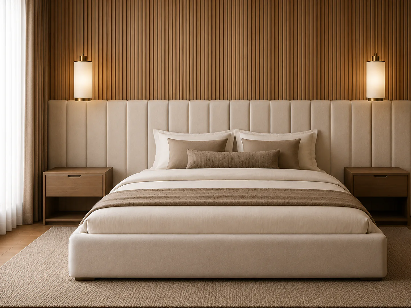 Custom upholstered bed with extended vertical-panel headboard
