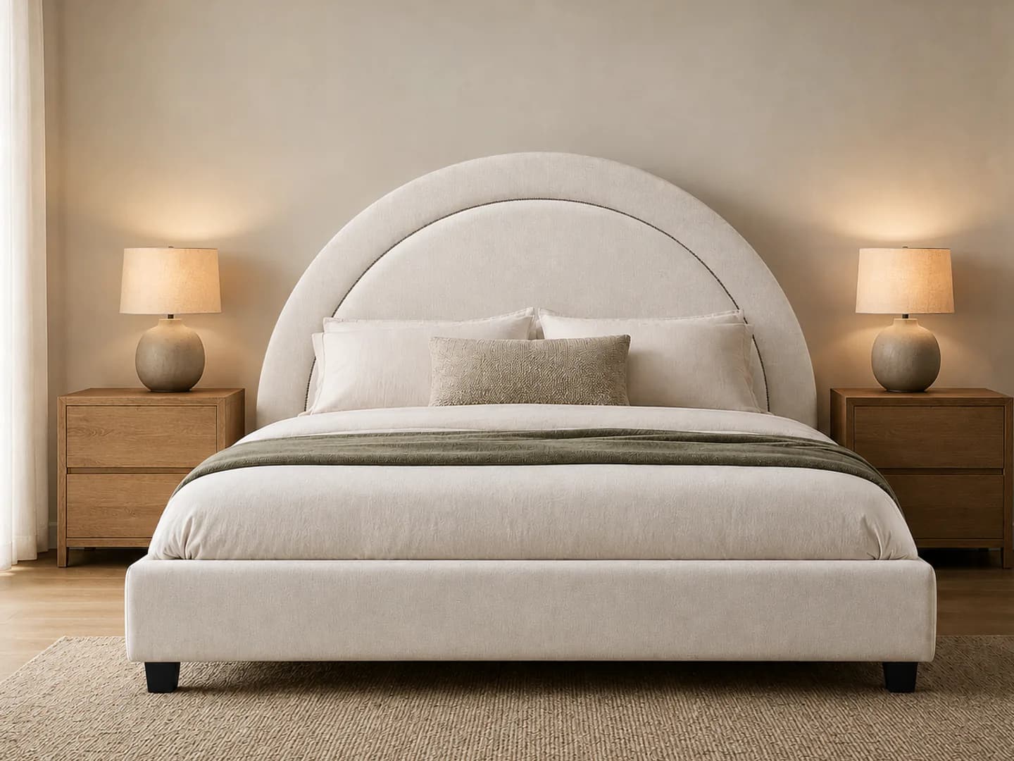 Custom upholstered bed with an arched headboard