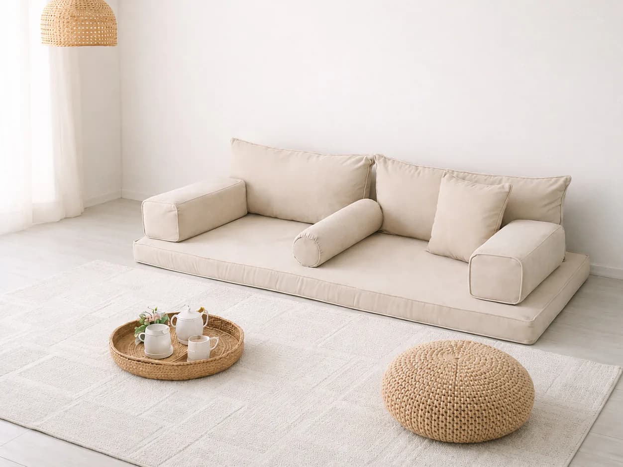 Cream floor cushion sofa with loose back and bolster cushions