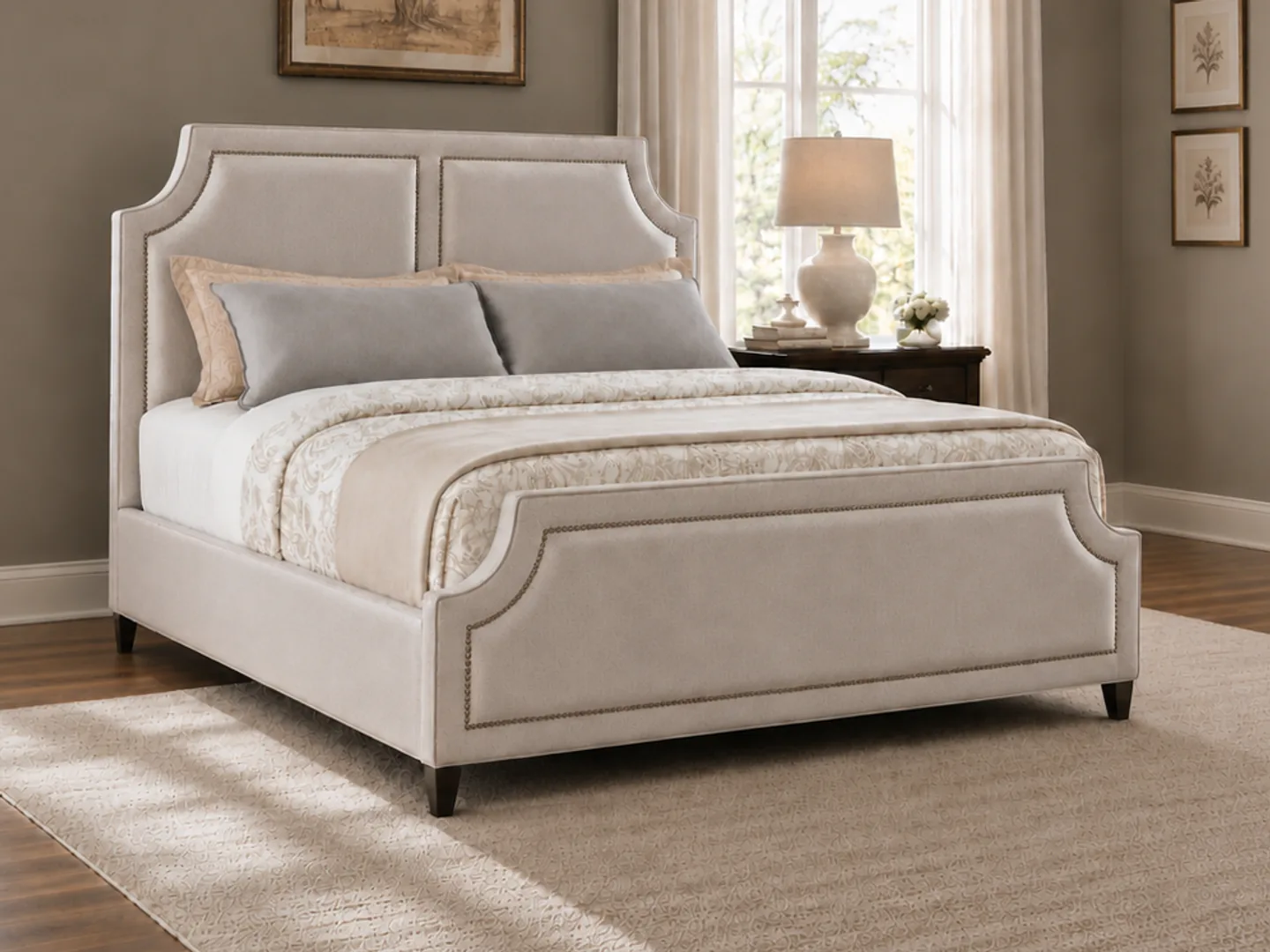 Jamberoo upholstered bed in a warm neutral bedroom