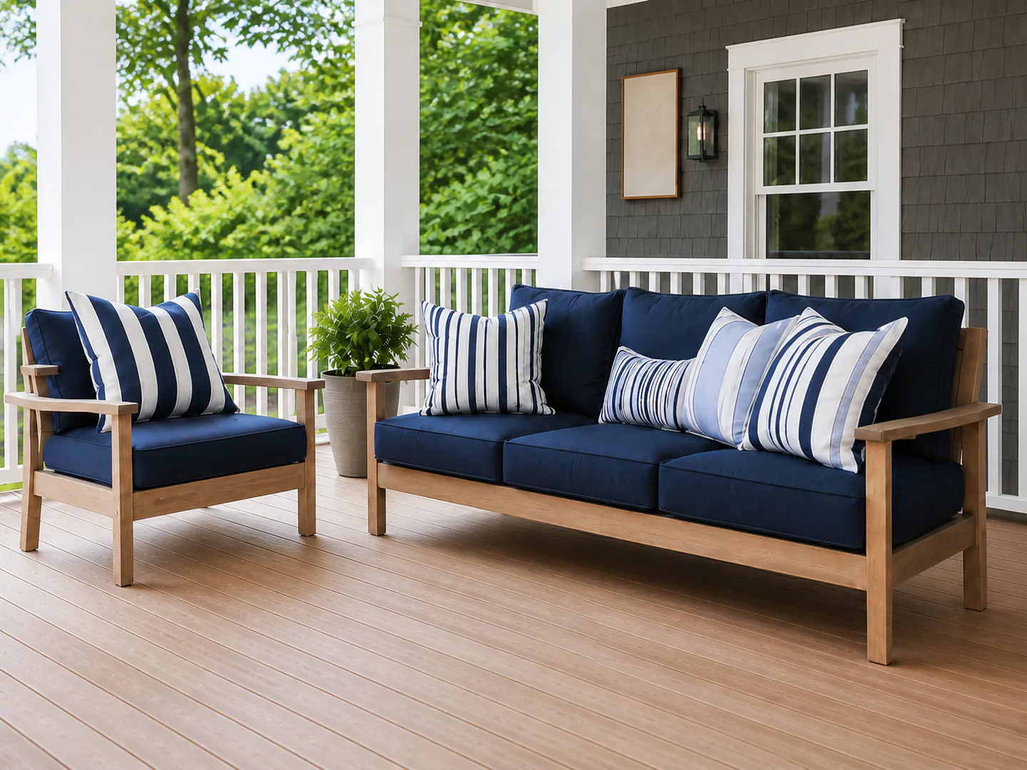 Navy outdoor cushions on a covered veranda