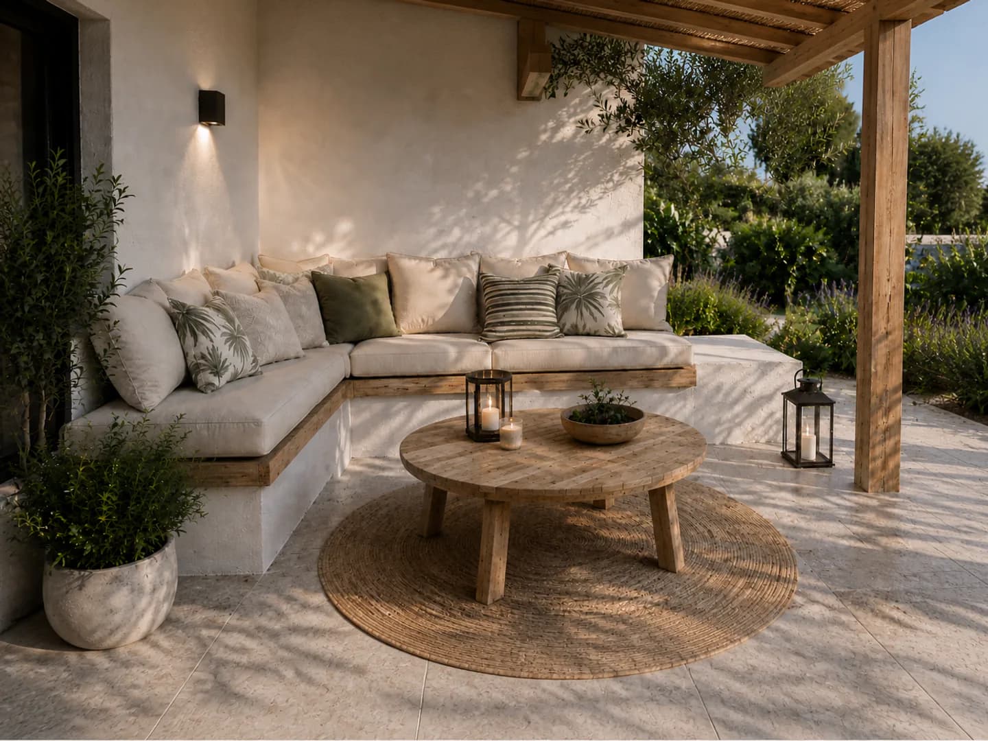 Outdoor cushions on built-in garden seating around a timber table