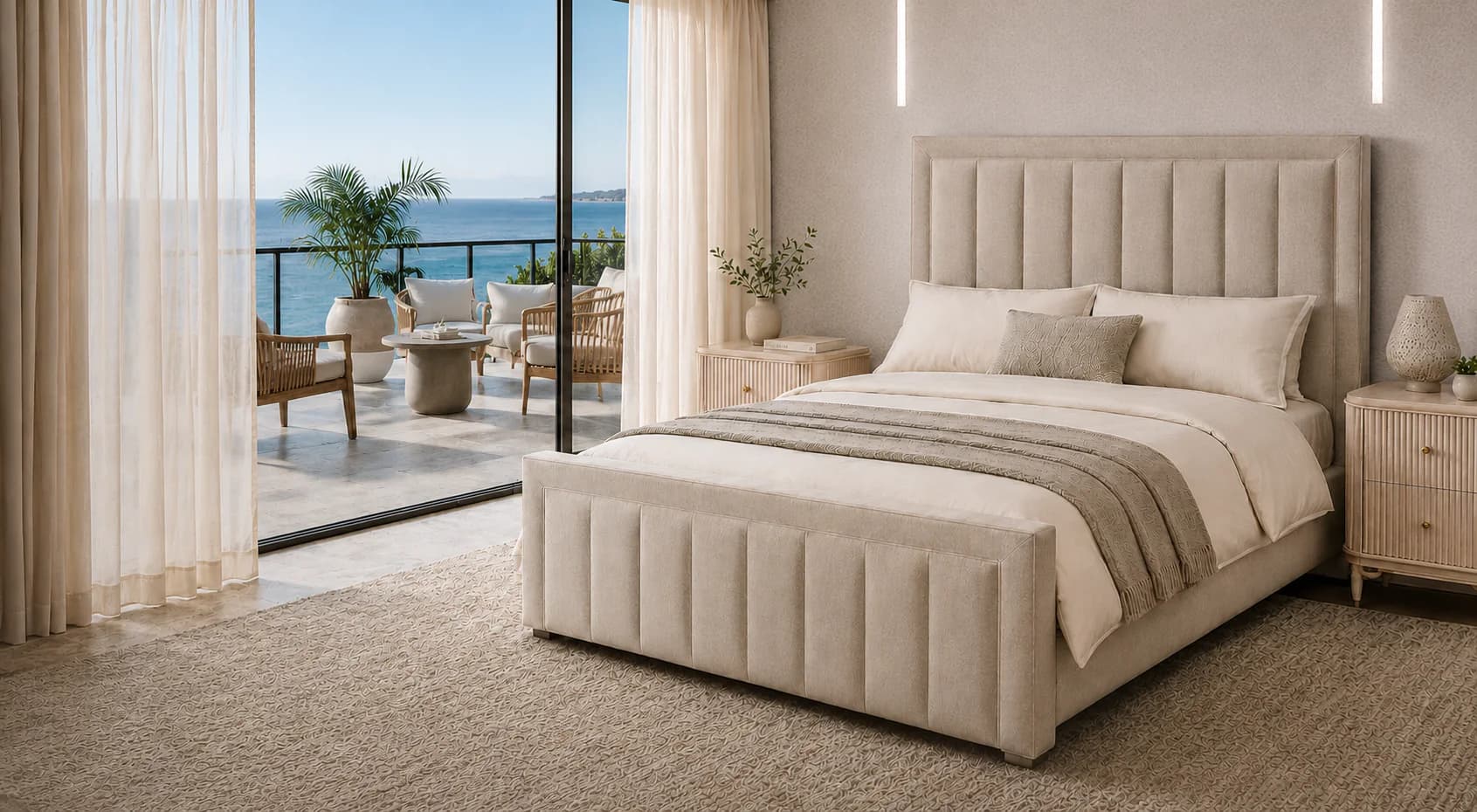 Custom upholstered bed in a bright coastal bedroom