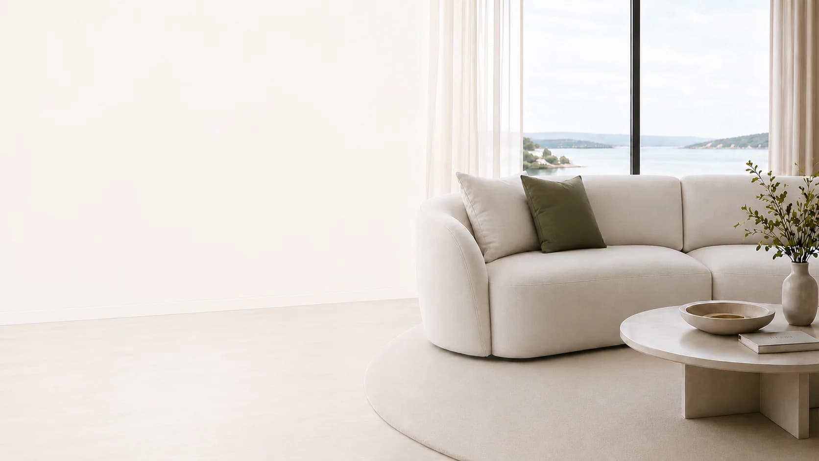 Curved cream sofa beside coastal windows