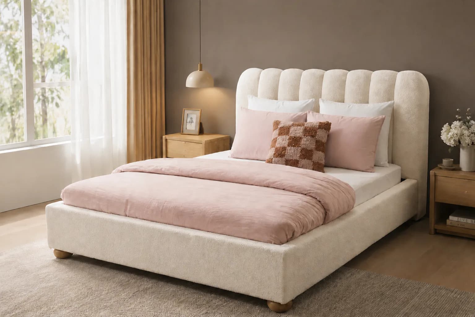Custom upholstered bed in a neutral bedroom